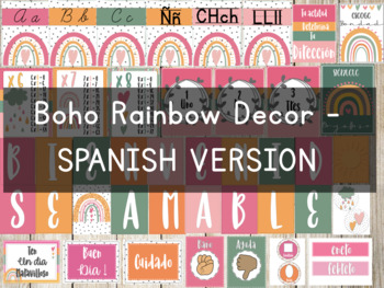 Preview of Boho Rainbow Classroom Decor - SPANISH VERSION BUNDLE
