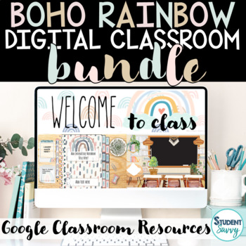Preview of Boho Rainbow Classroom Digital Bundle | Google Classroom Headers Daily Agenda
