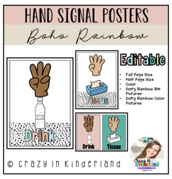 Preview of Boho Rainbow Classroom Hand Signals | Multicultural | Editable