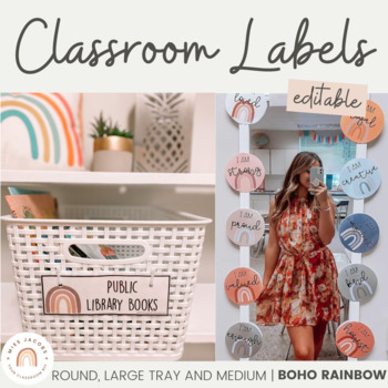 Preview of Modern BOHO RAINBOW Classroom Labels Bundle | Editable Neutral Rainbow Decor