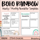 Boho Rainbow Classroom Monthly Weekly Newsletters Editable