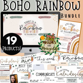 Preview of Boho Rainbow Classroom Organizers, Communication, and Digital Decor BUNDLE