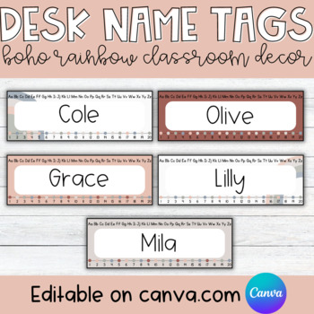 Preview of Boho Rainbow Desk Name Tags | Editable | Alphabet and Number Line 1-20