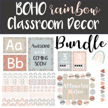 Preview of Boho Rainbow Editable Neutral Classroom Decor | BUNDLE