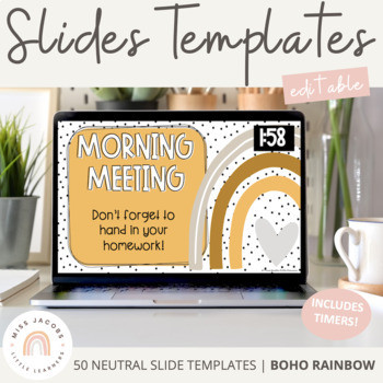 Preview of Boho Rainbow Morning Meeting Slides & Timers | Neutral Classroom Decor Vintage