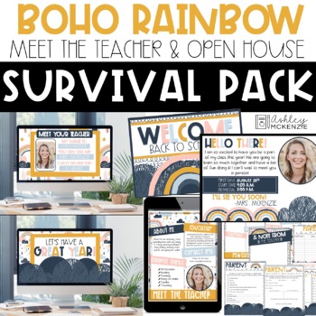 Preview of Boho Rainbow Meet the Teacher and Back to School Slides Bundle Distance Learning