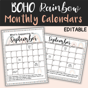 Boho Rainbow Monthly Printable Calendar Templates 2023-2024 | EDITABLE