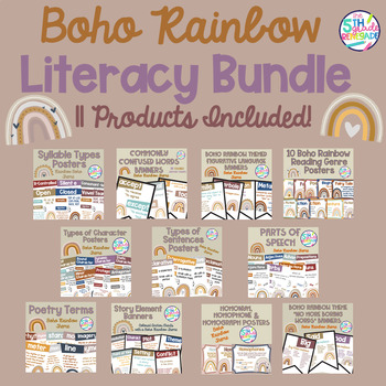 Preview of Boho Rainbow Neutral Color Themed Literacy Bundle **11 Products Included**
