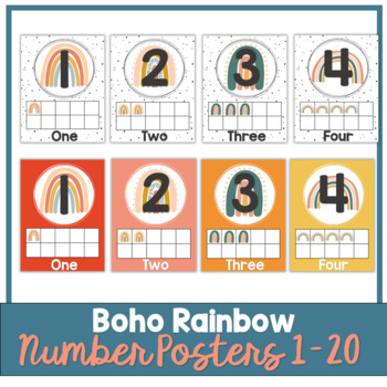 Preview of Boho Rainbow Number Posters | 1 - 20 | Boho Classroom Decor