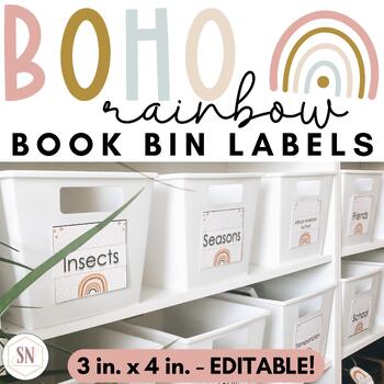 Preview of Boho Rainbow Library Book Bin Labels