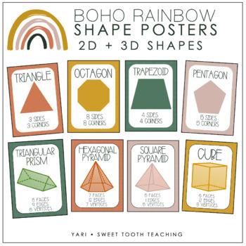 Preview of Boho Rainbow Shape Posters (2D & 3D Shapes) Neutral Colors | EDITABLE