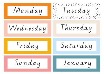 Preview of Boho Rainbow Spotty Days of the Week Months of the Year Wall Editable