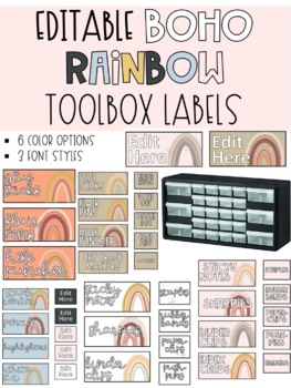 Preview of Boho Rainbow Teacher Toolbox Labels EDITABLE