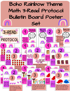 Preview of Boho Rainbow Theme - 3 Read Protocol Math Strategy - Bulletin Board Poster Set
