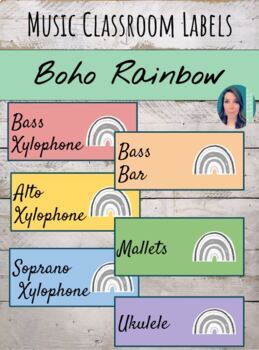 Preview of Boho Rainbow Themed Editable Music Classroom Labels | FREEBIE
