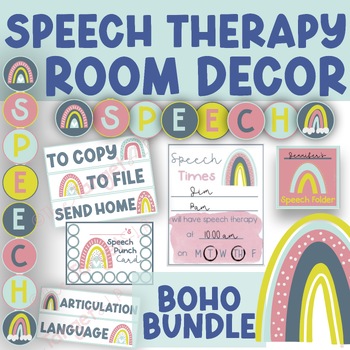 Preview of Speech Room Decorations Big Bundle- Boho Rainbow Speech Therapy Room Decor Kit