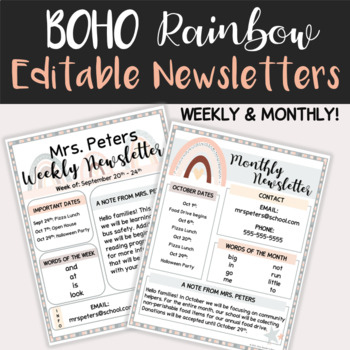 Preview of Boho Rainbow Weekly and Monthly Newsletter Templates | EDITABLE!