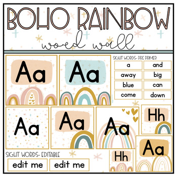 Preview of Boho Rainbow Word Wall, Sight Words & Alphabet Cards- Classroom Decor