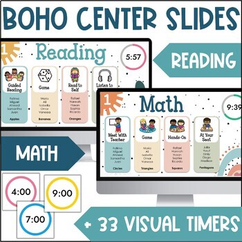 Preview of Boho Reading & Math Centers Station Rotation Slides & Visual Countdown Timers