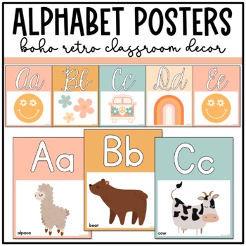 Preview of Boho Retro Classroom Decor: ALPHABET POSTERS | Manuscript Cursive