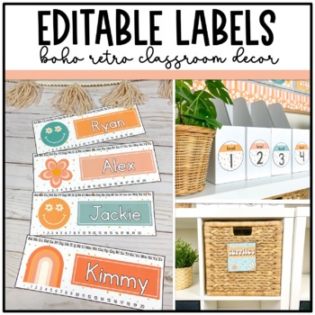 Preview of Boho Retro Classroom Decor: Editable Labels | Name Tags