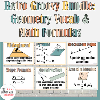 Preview of Boho, Retro Groovy Poster Bundle: Geometry Vocab and Geometry/Algebra Formulas