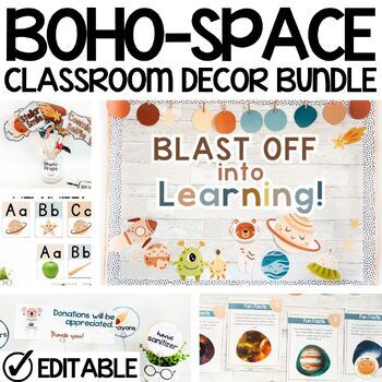 Preview of Boho Space Classroom Decor Bundle, Room Transformation, Posters, Editable