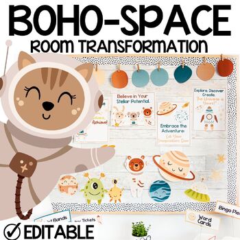 Preview of Boho-Space Room Transformation, Bulletin Board, Classroom Decor, Posters
