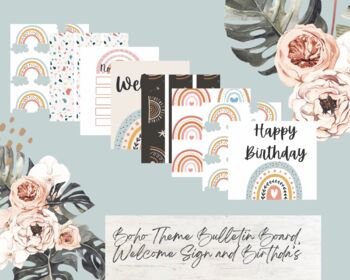 Preview of Boho Theme Bulletin Board, Welcome Sign and Birthday's