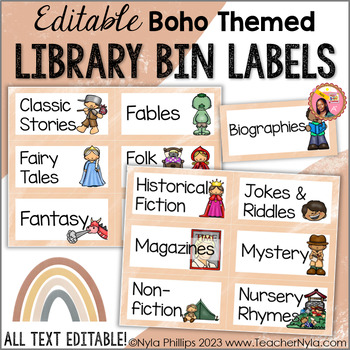 Preview of Boho Themed Library Labels for Book Bins - Editable
