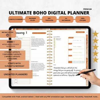 Preview of Boho Undated Digital Planner Undated Goodnotes Xodo Planner ipad tabs