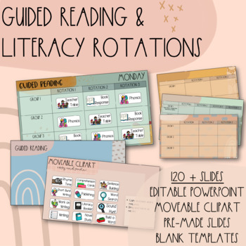 Preview of Boho Vibes Guided Reading & Literacy Rotations PowerPoint | EDITABLE features |