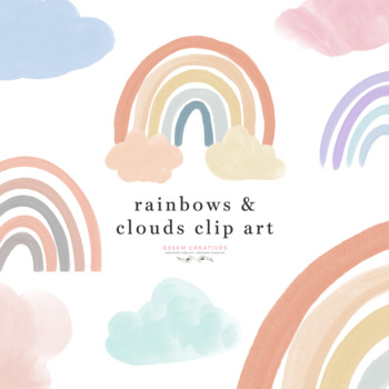 Preview of Boho Watercolor Rainbow and Clouds in Pastels Boho Classroom Decor Borders PNG