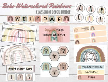 Preview of Boho Watercolored Rainbows classroom decor bundle