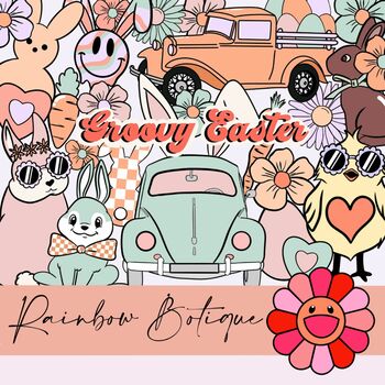 Preview of Boho easter clipart set, groovy easter clip art bundle, hippie easter clipart