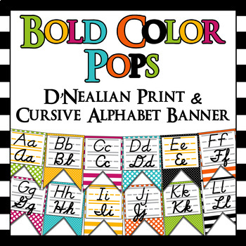 Preview of Bold Color Pops Alphabet Banner with D'Nealian Print &Cursive Use with your Moji