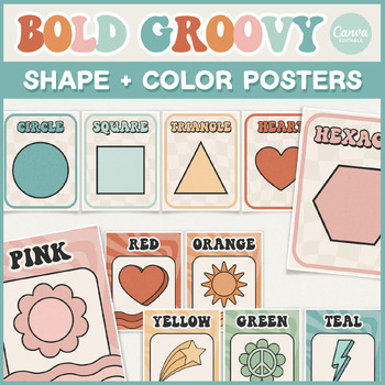 Preview of Bold Groovy Classroom Shapes and Colors Printable Display | Editable