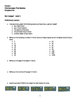 Preview of Bon Voyage Level 1 First Semester Final Review (P-6)