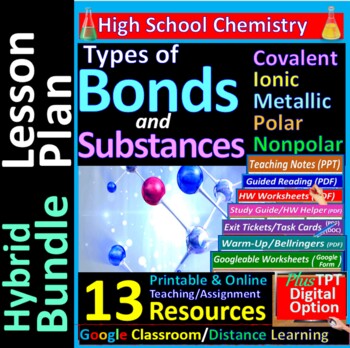 Preview of Ionic Metallic Covalent Bonds & Substances 13-Resource Hybrid Bundle Lesson Plan
