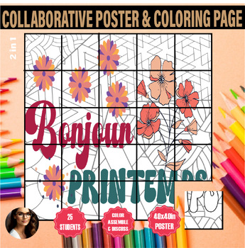 Preview of Bonjour Printemps collaborative coloriage poster french Popart coloring activity