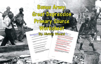 Preview of Bonus Army: Great Depression Primary Source Worksheet