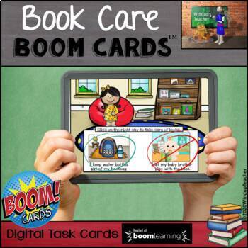 Preview of Library Book Care BOOM Cards - Digital Book Care Task Card Activity on BOOM