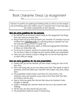 Preview of Book Character Dress Up Assignment and Presentation