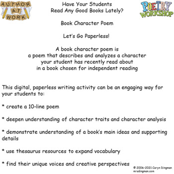 Preview of Book Character Poem Writing Activity with Google Slides Student Directions