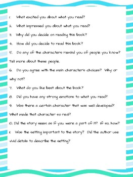 Book Chat Questions by Summer Sweetness | Teachers Pay Teachers