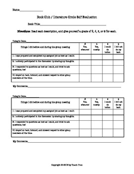 Preview of Book Club / Literature Circle Students' Self Evaluation Rubric