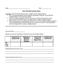 Preview of Book Club Rubric, Self Assessment, and Goal Setting