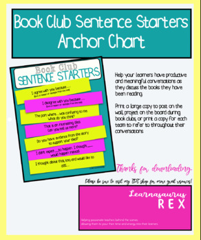 Preview of Book Club Sentence Starters Anchor Chart