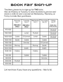 Preview of Book Fair Scheduling Sign-up (Google Sheet)