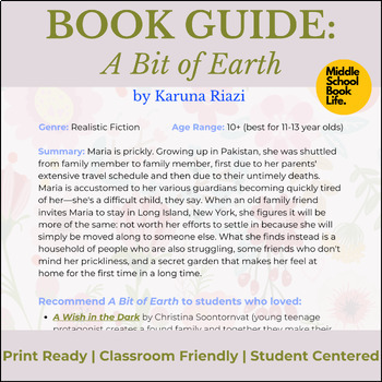 Preview of Book Guide: "A Bit of Earth" (Printable teaching guide for independent reading)